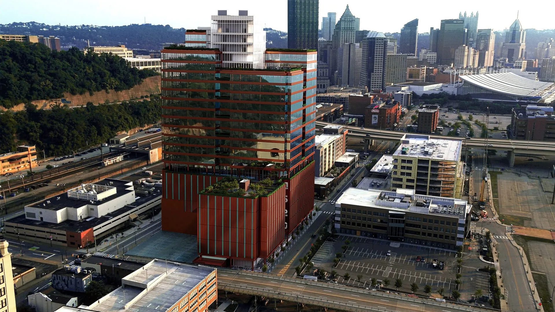 3D animation still of a red high-rise real estate building in Pittsburgh