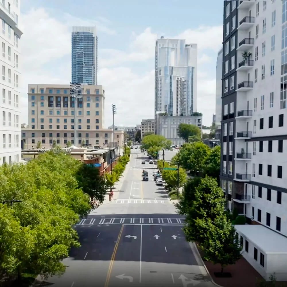 Real estate 3D render of modern buildings seen from above