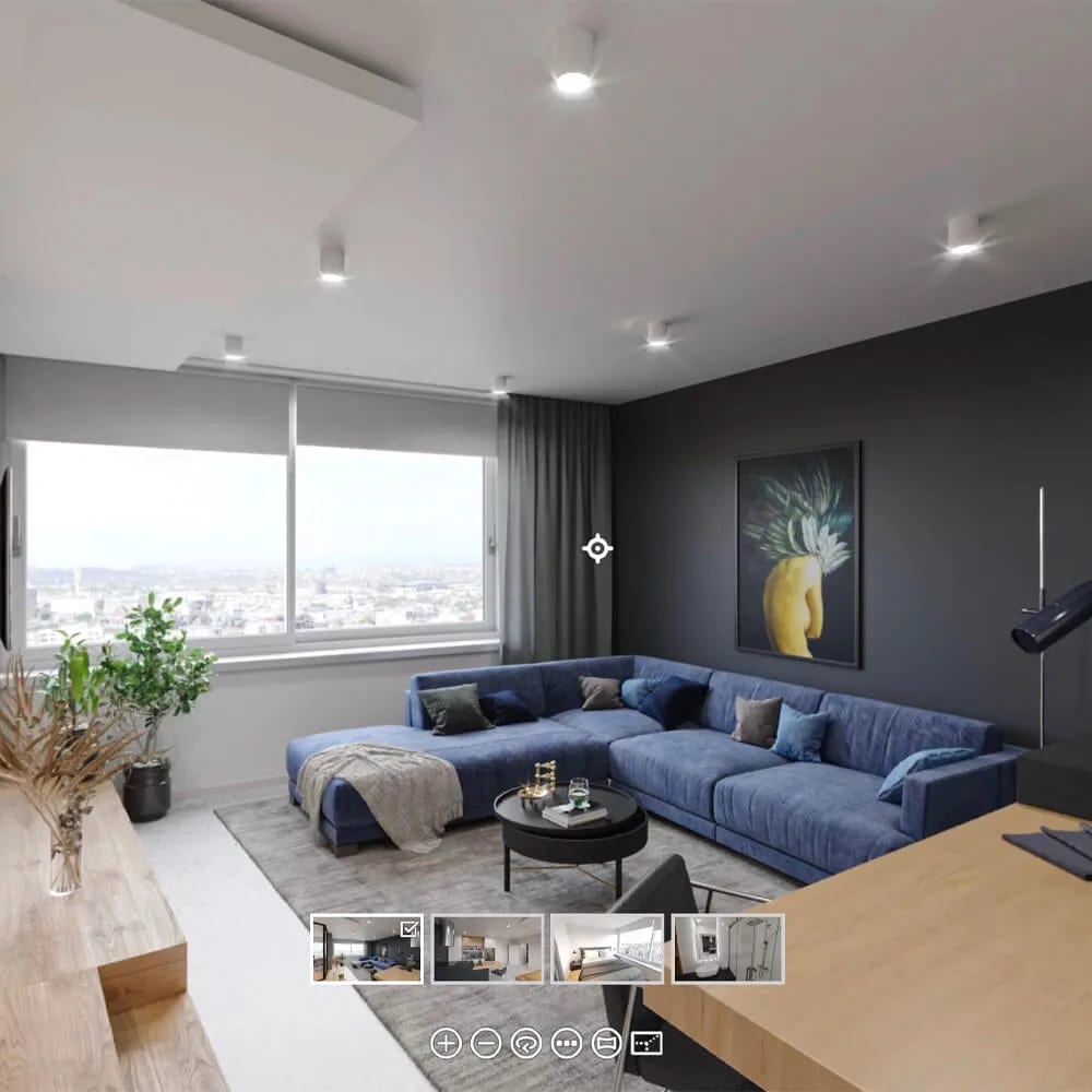 Real estate 3D walkthrough preview of a living room with a blue sectional