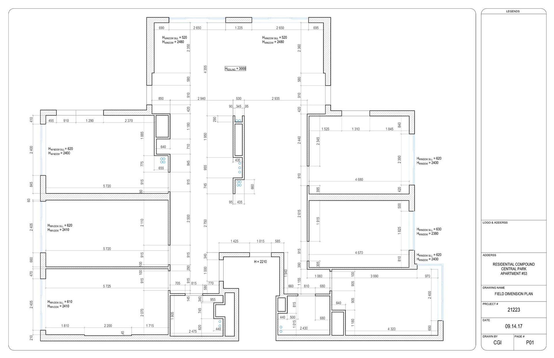 Field dimension plan of a residential apartment with measurements for every room