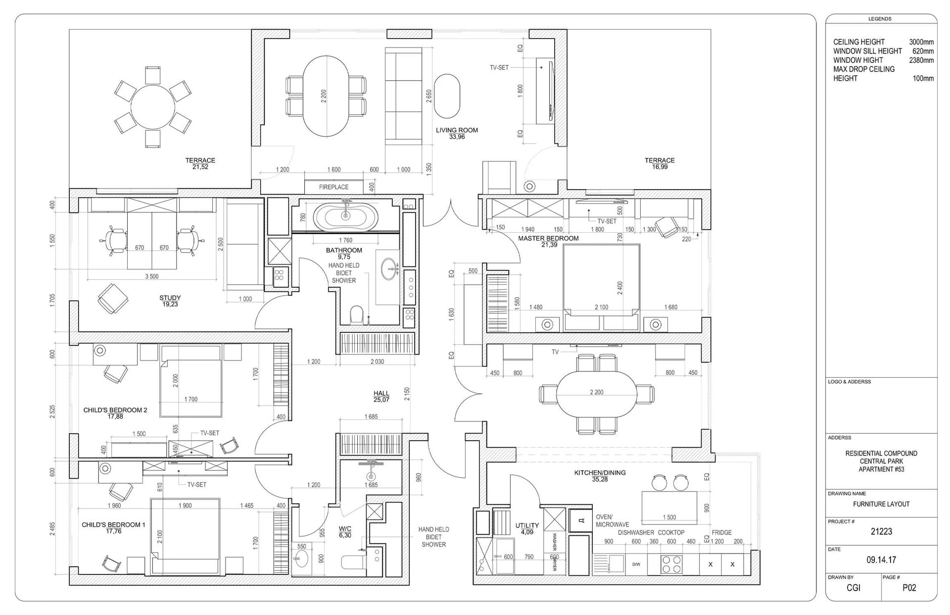 Furniture layout plan of an apartment with living room, bedrooms and terraces