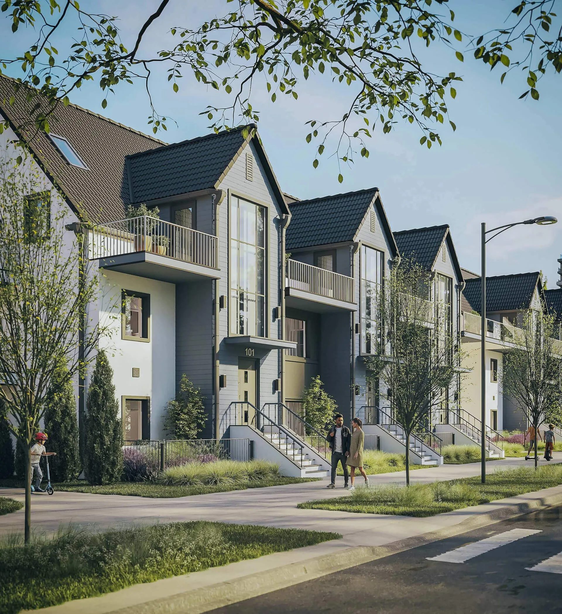 Real estate building design: 3D rendering of a townhomes development