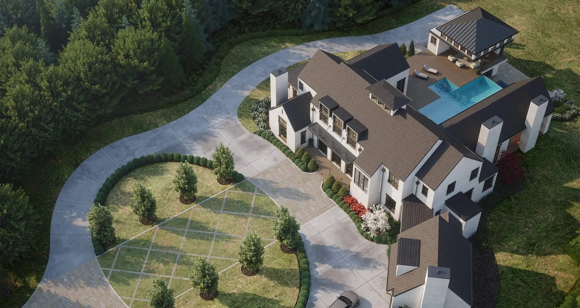 Aerial real estate rendering of a luxury residence with a pool and landscaped drive