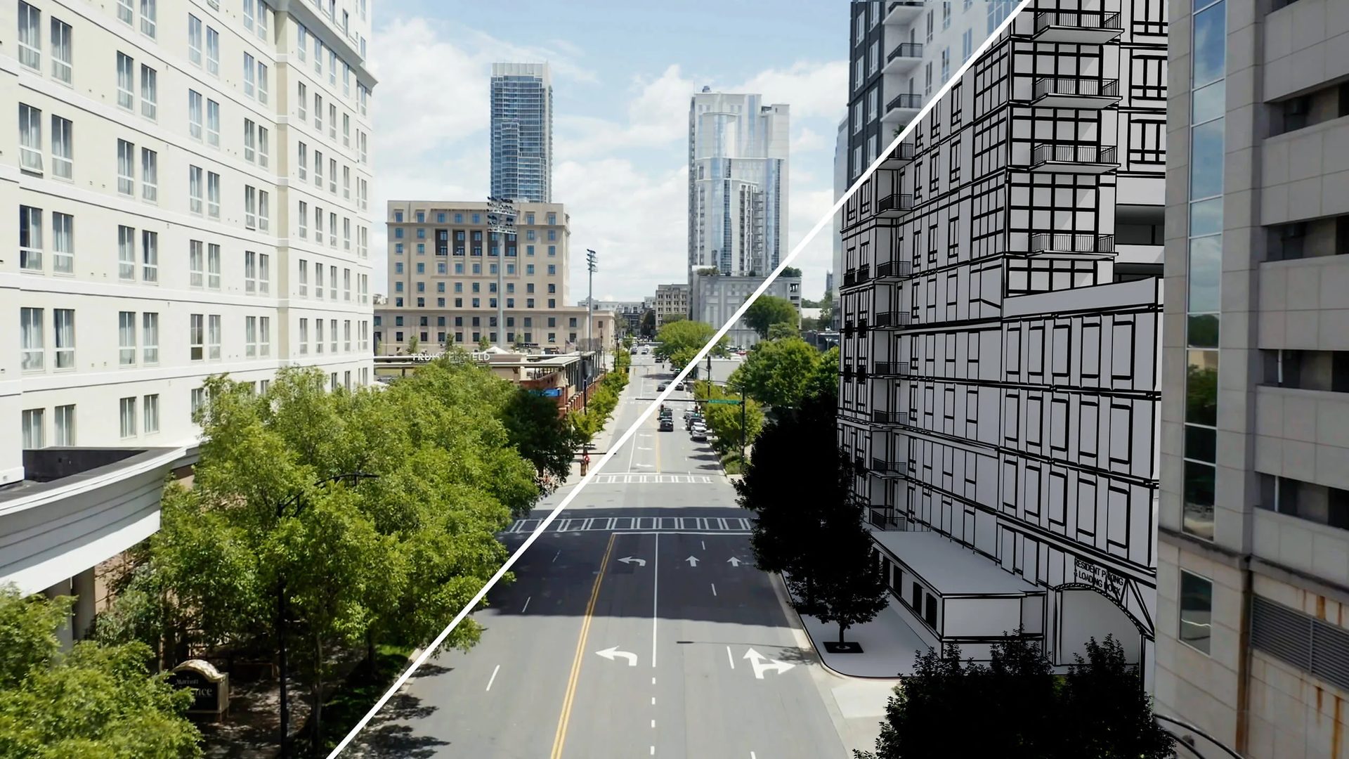 Real estate development aerial view: avenue between high-rise towers, half photo half CG