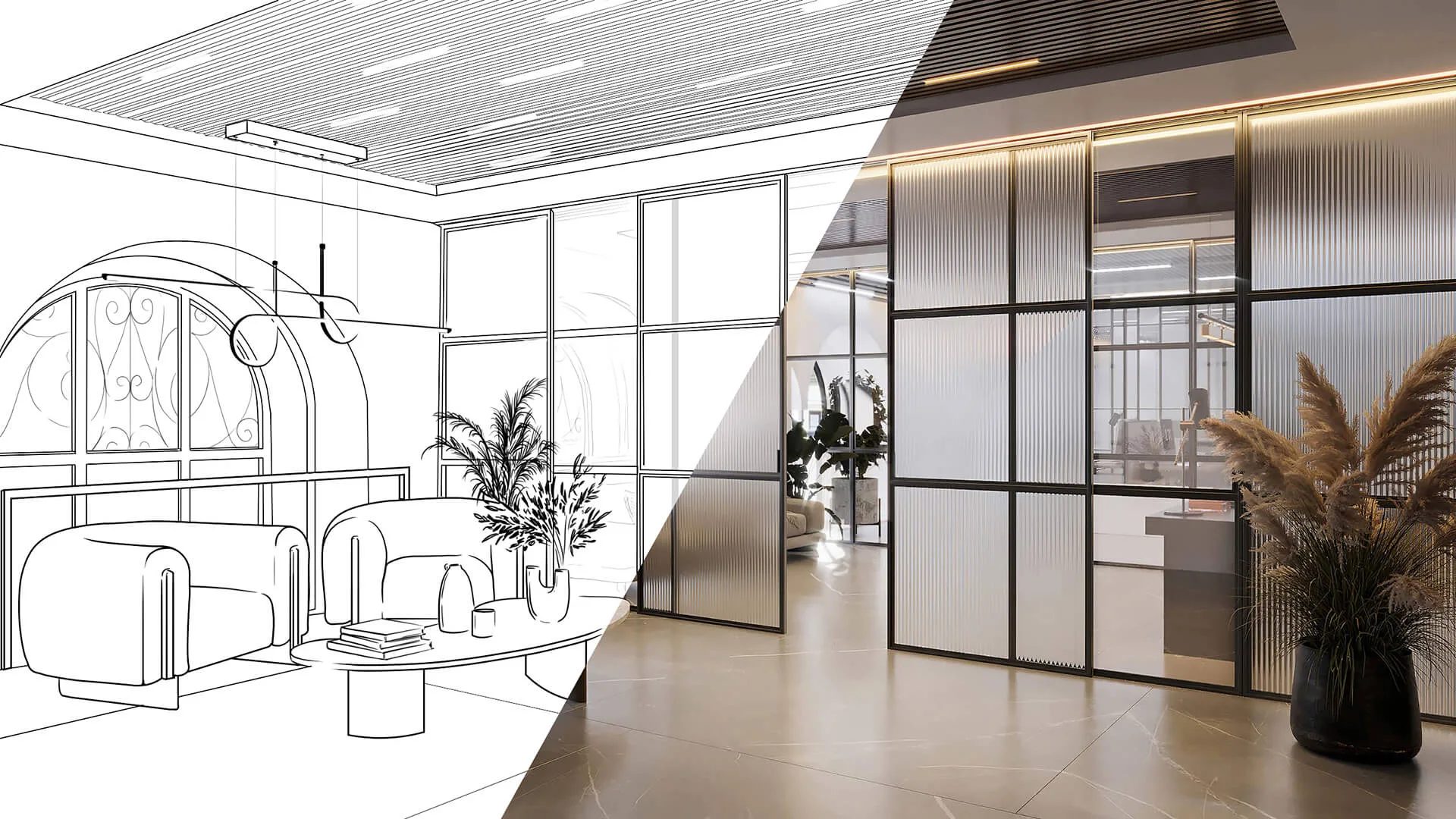 Real estate development blueprint turned into a 3D render: interior sketch next to the finished visualization