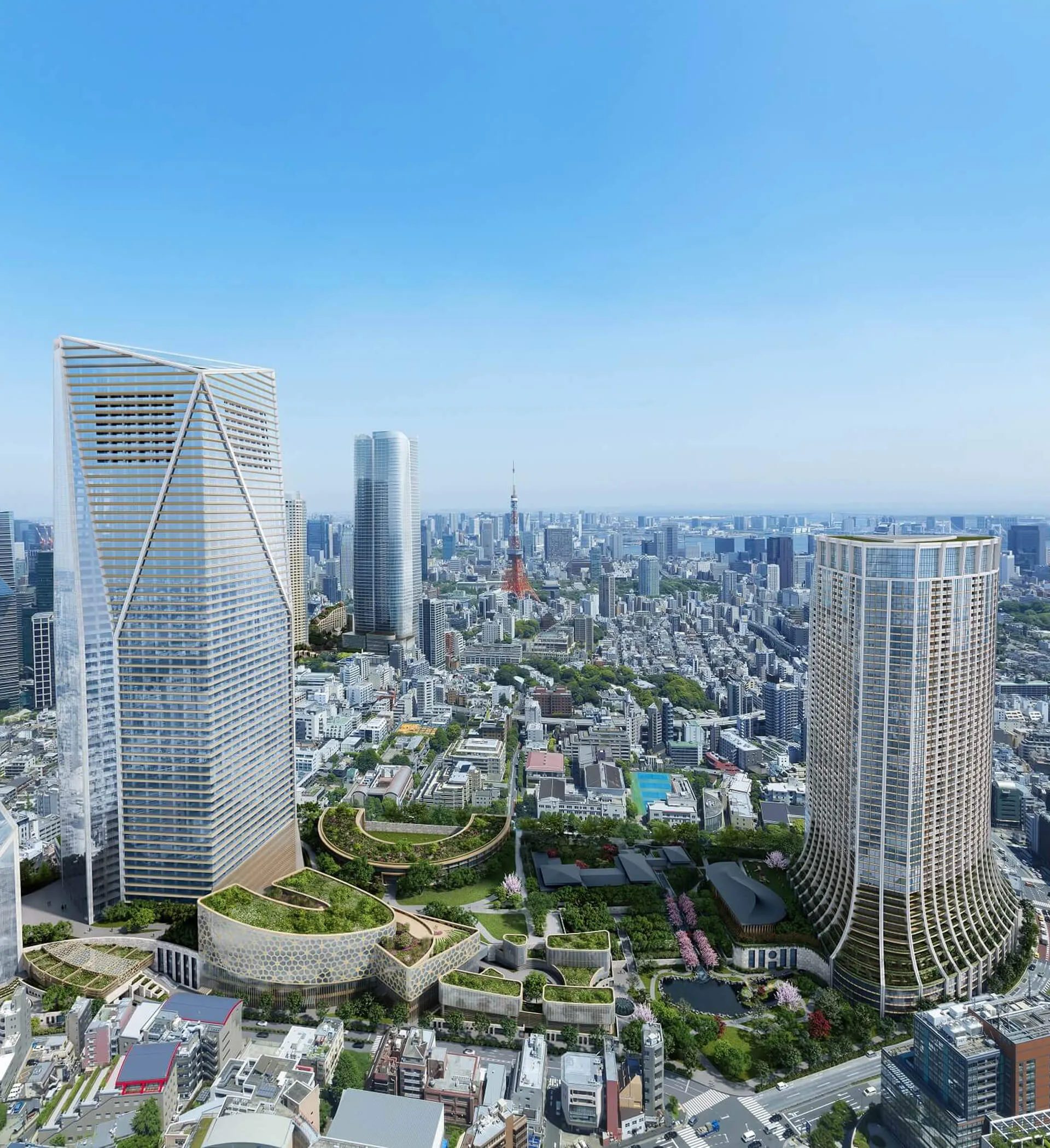 Real estate development skyline with high-rise towers and green terraces