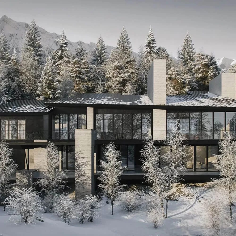 Real estate rendering of a modern house among winter trees