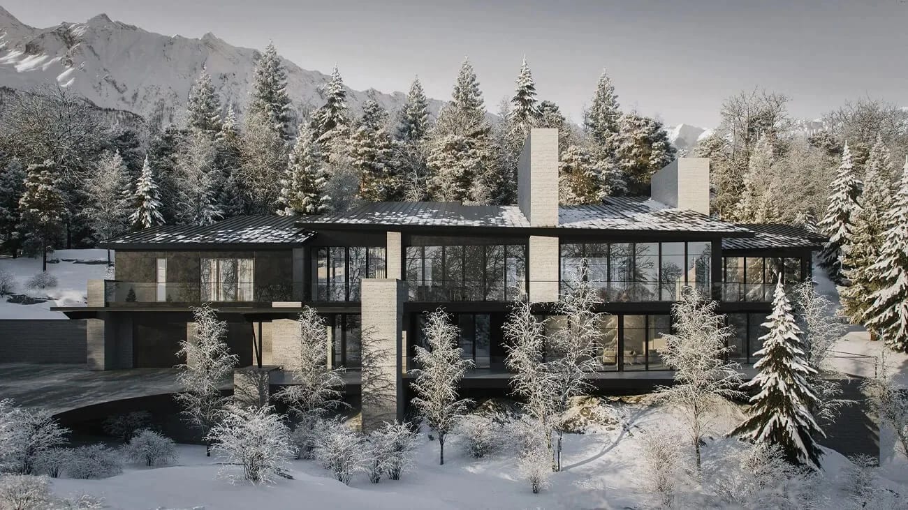 Real estate rendering of a modern house in a snowy forest