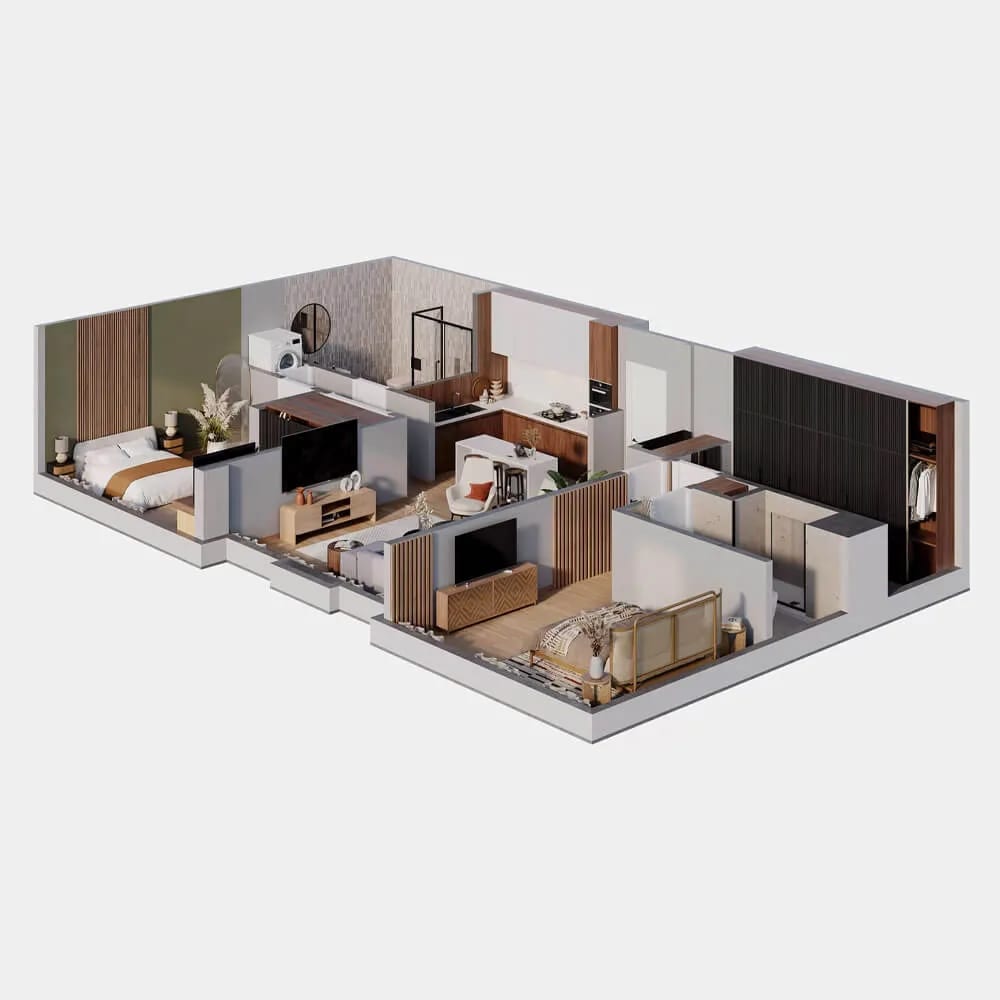 Real estate rendering of a modern home interior layout in 3D