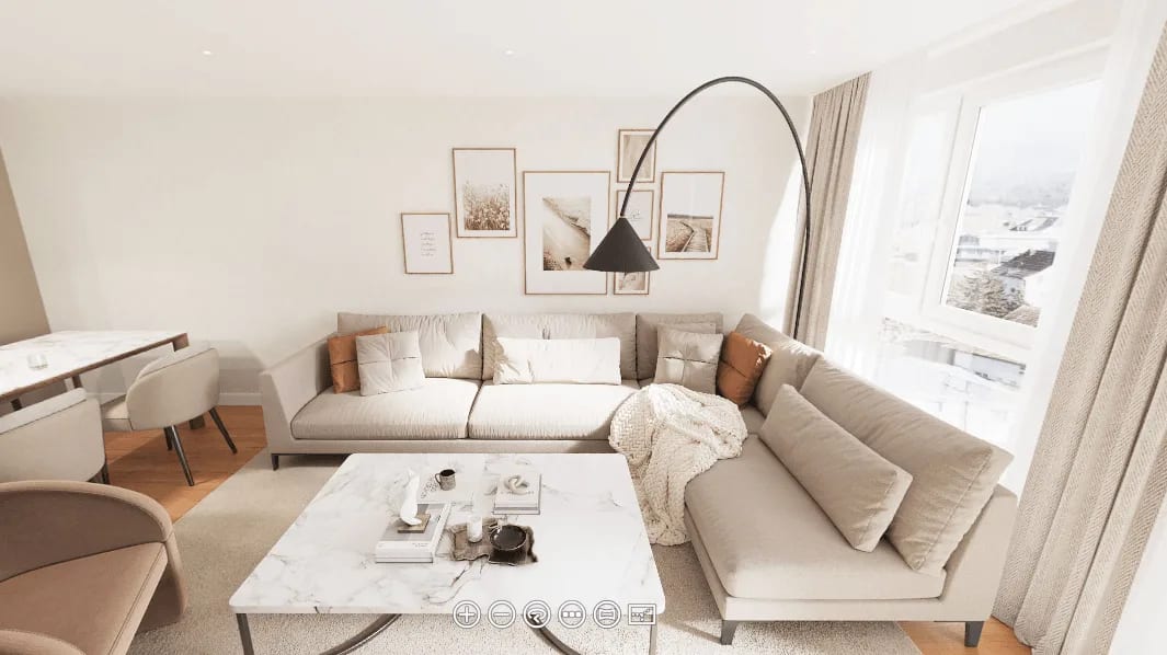 Real estate virtual tour interior: bright Swiss living room with a pale sectional and arc lamp
