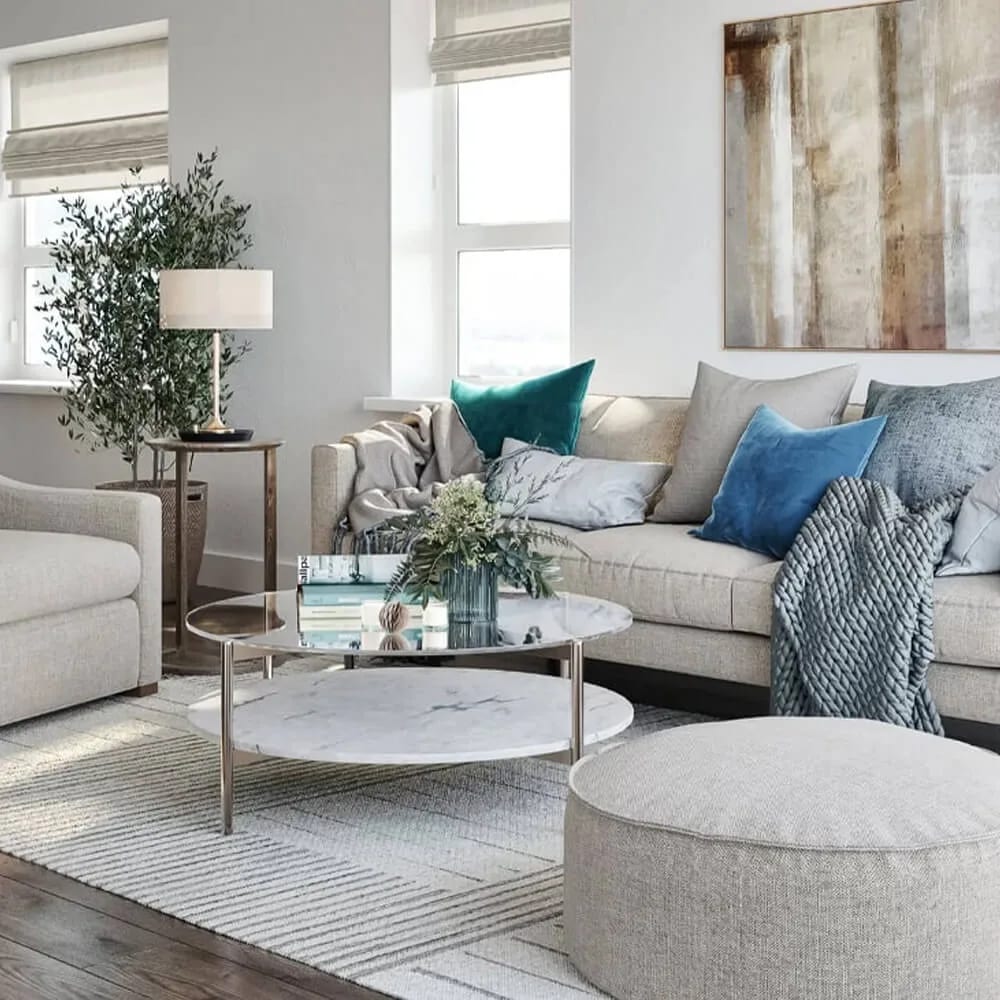 Real estate visualization of a living room with upholstered furniture, close crop