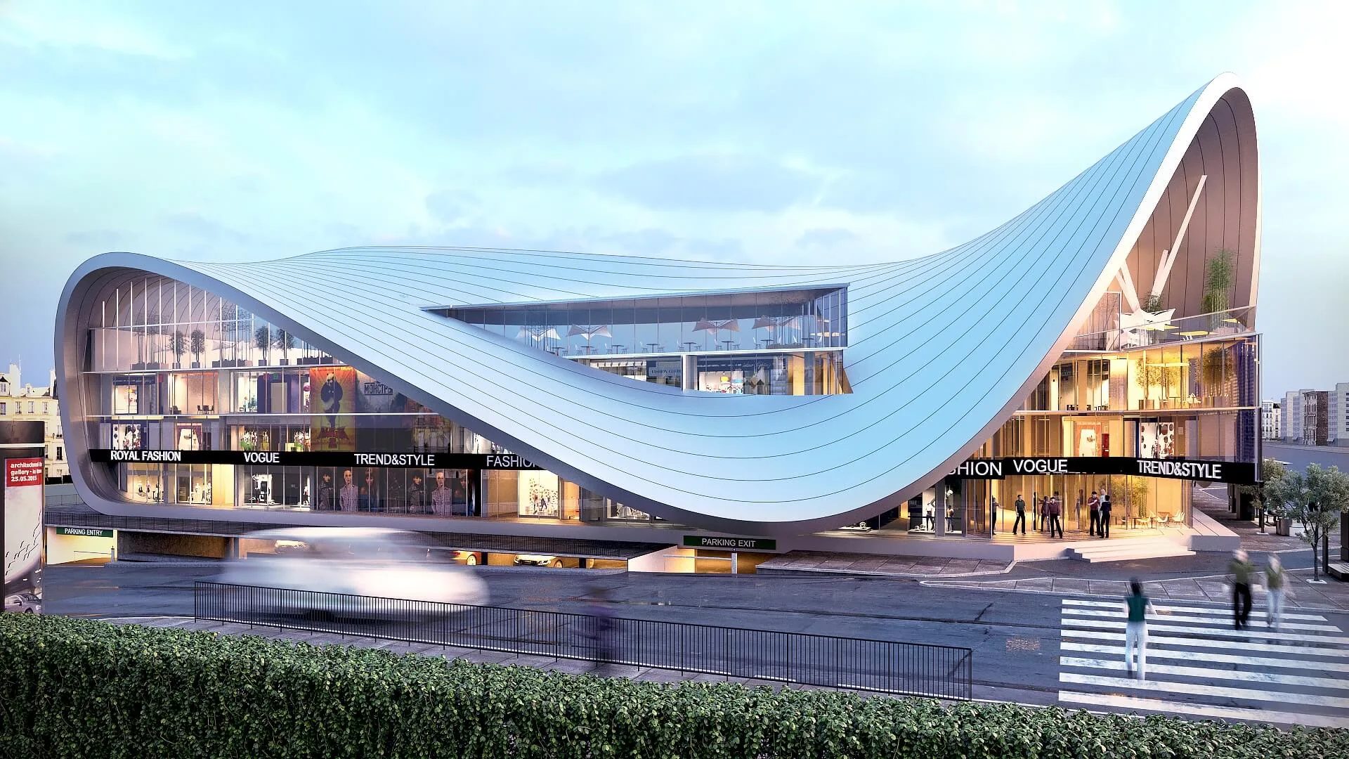 Exterior 3D rendering of a shopping center with a curved roof and illuminated storefronts