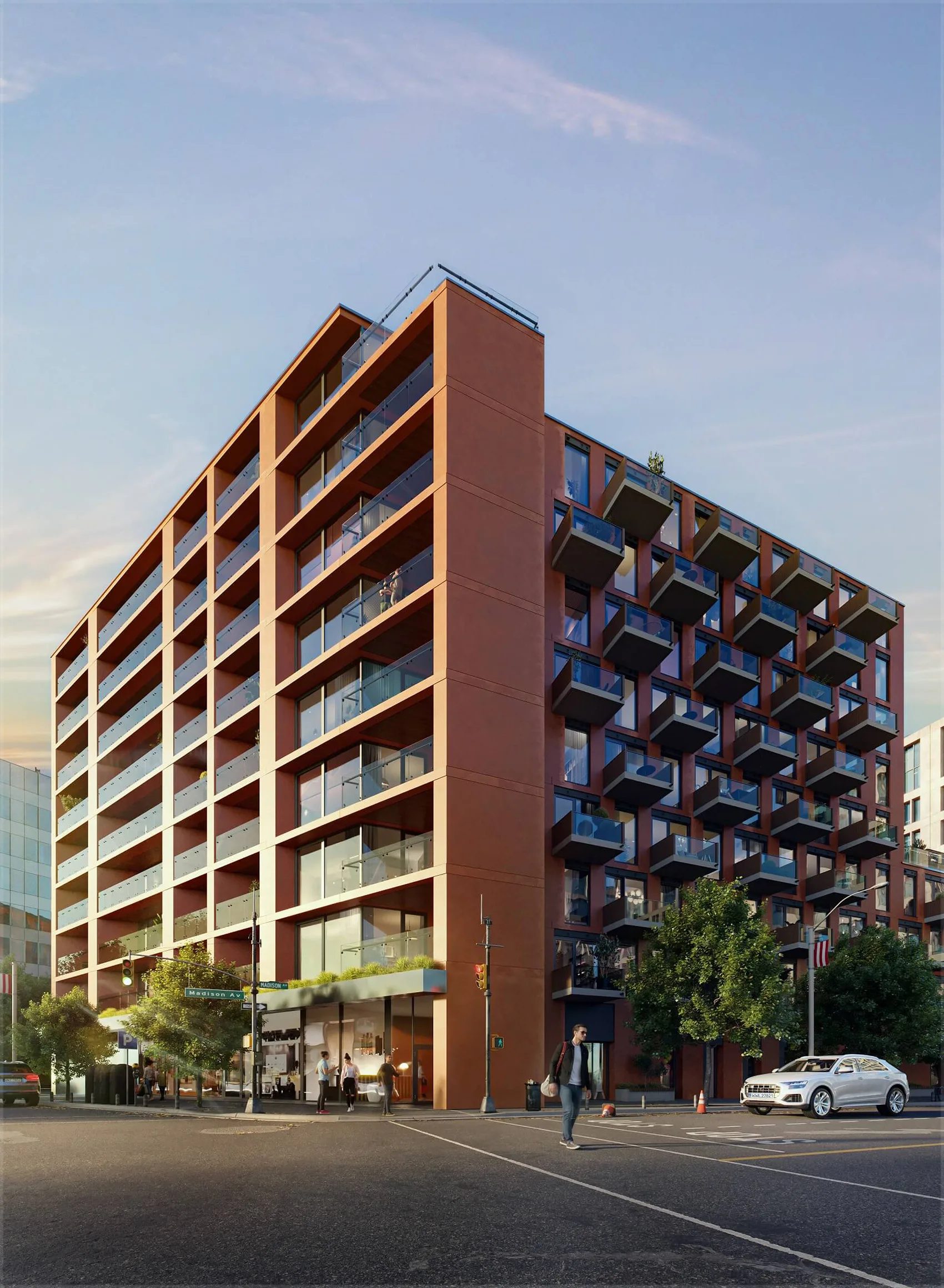 Exterior render of a modern condominium building with glass balconies on a city corner