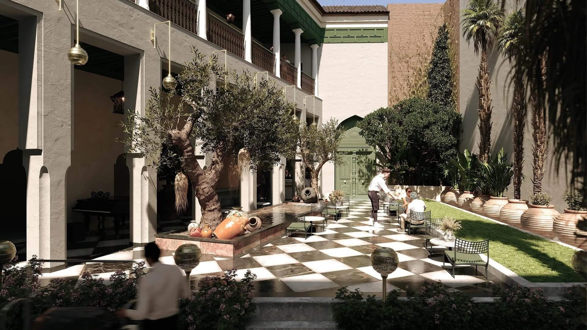 3D rendering of a boutique hotel courtyard with an olive tree and checkerboard paving