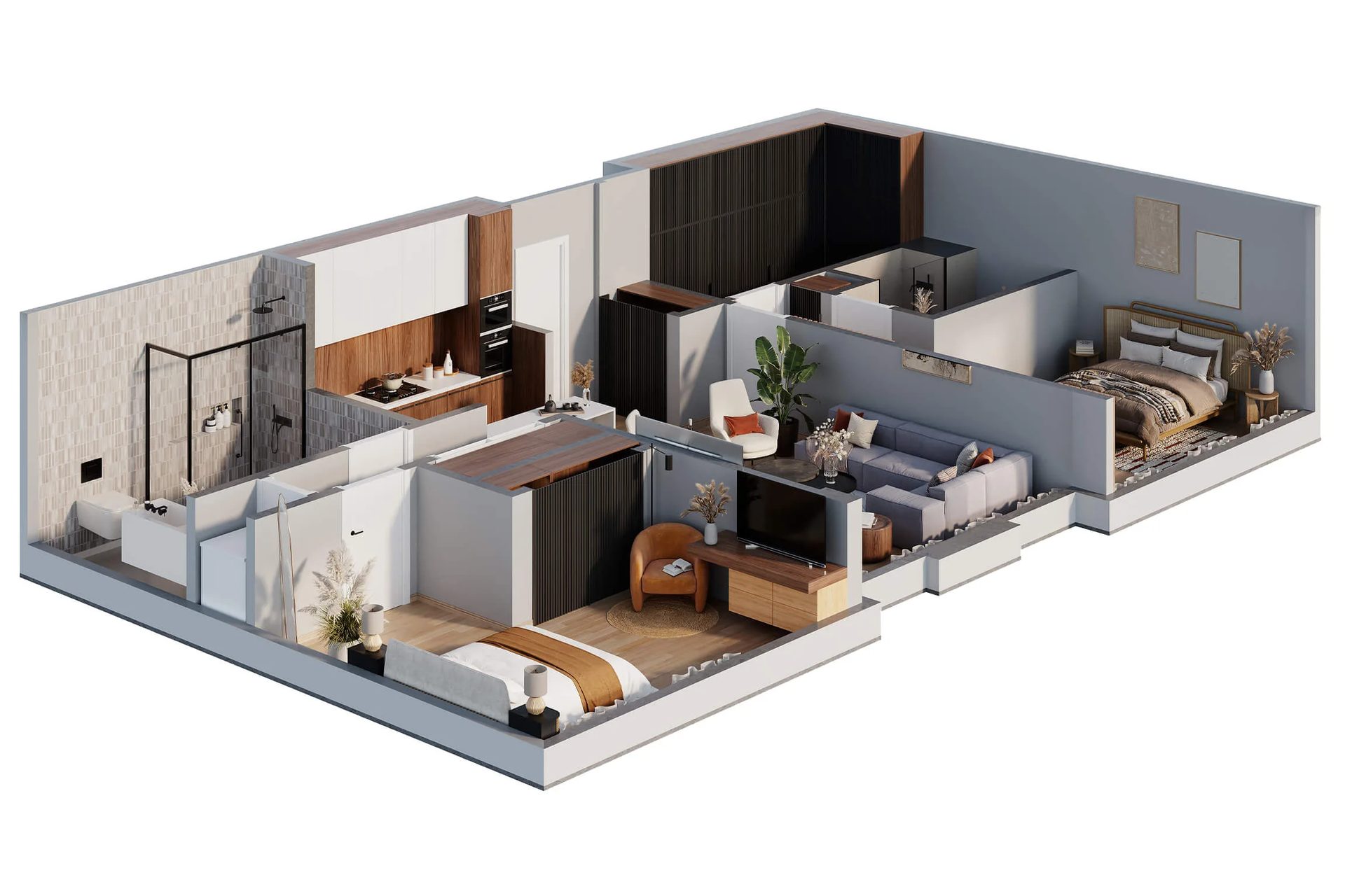 Rendered floor plan for a real estate agent: two-bedroom apartment with kitchen, living room and bathrooms