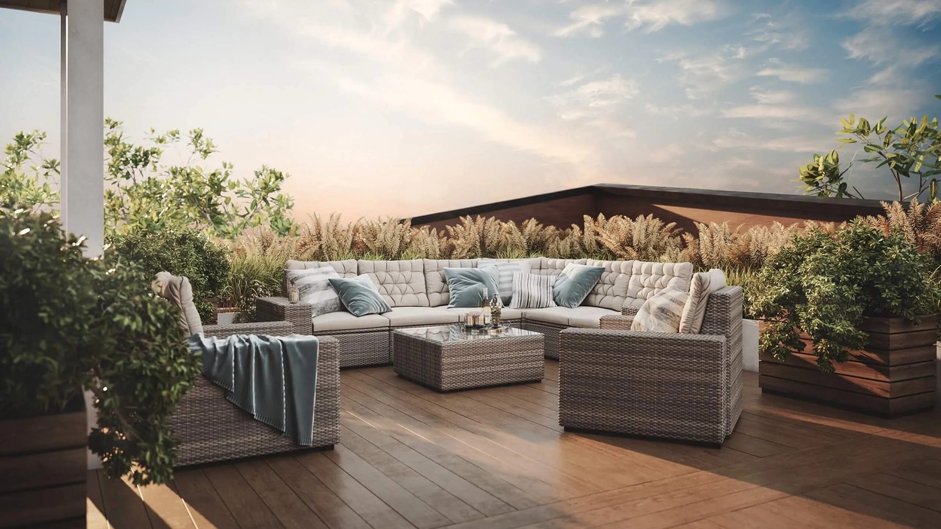 Hospitality 3D rendering of a hotel roof terrace lounge with rattan seating at sunset