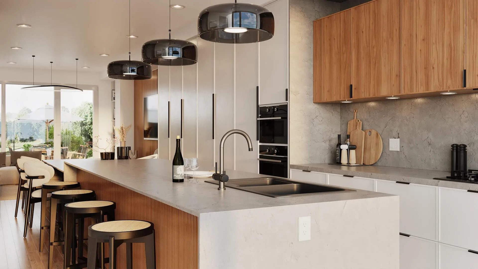 Rendering for marketing: kitchen with a stone island, wooden cabinets and bar stools