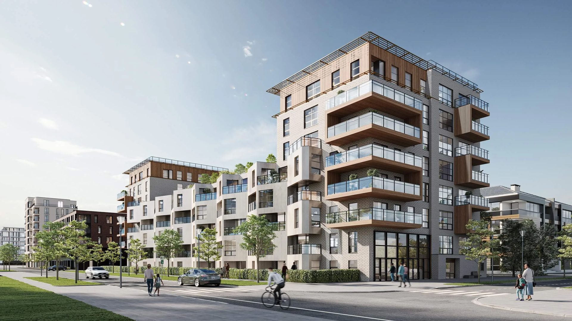 Apartment building render: mid-rise residential blocks with balconies along a street