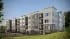 3D rendering of a four-story siding-and-stone residential complex with balconies, iron fencing, and landscaped grounds in Massachusetts