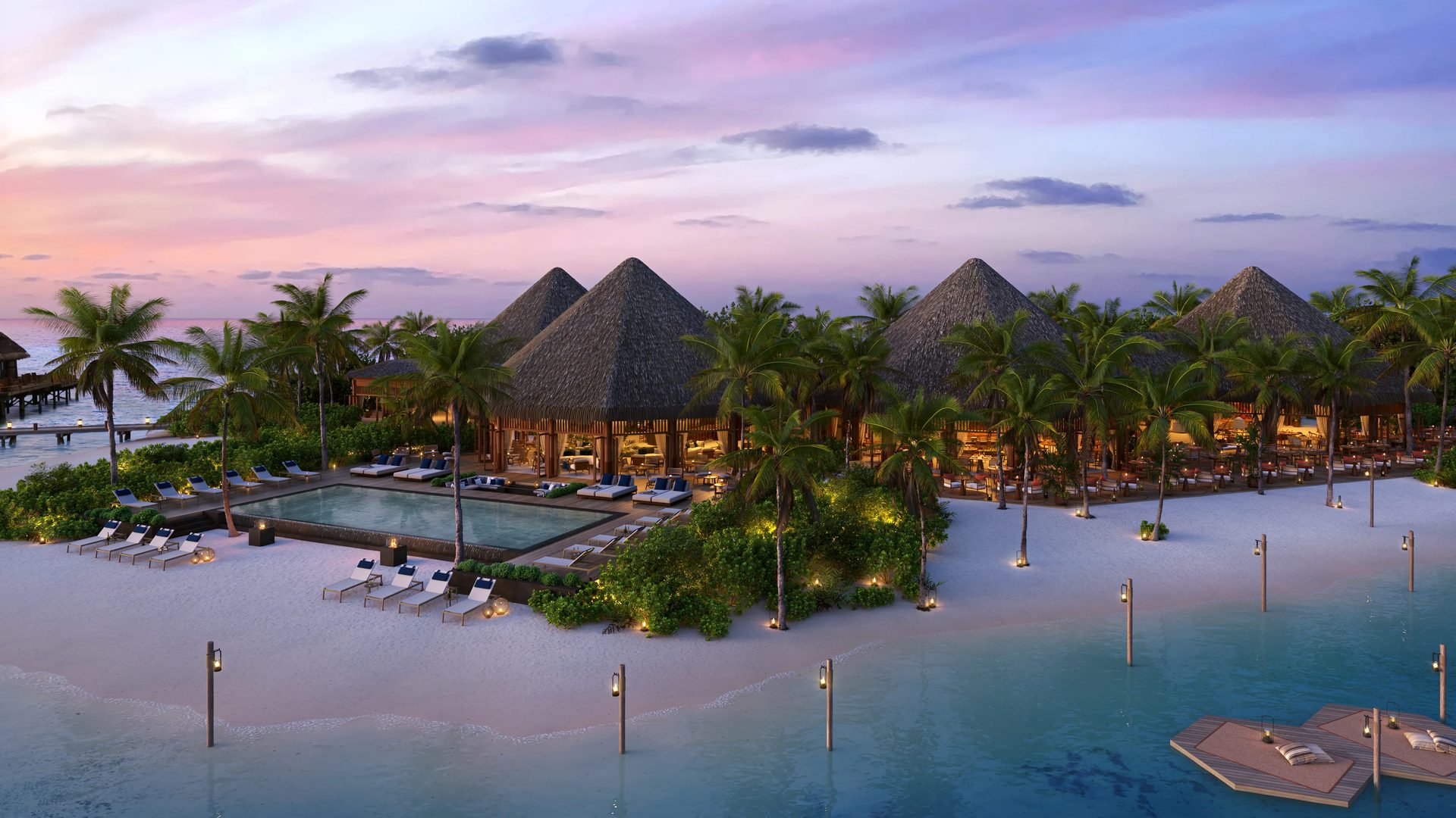 Resort 3D design: a hospitality complex of beachfront villas with thatched roofs, a pool and a lagoon at sunset