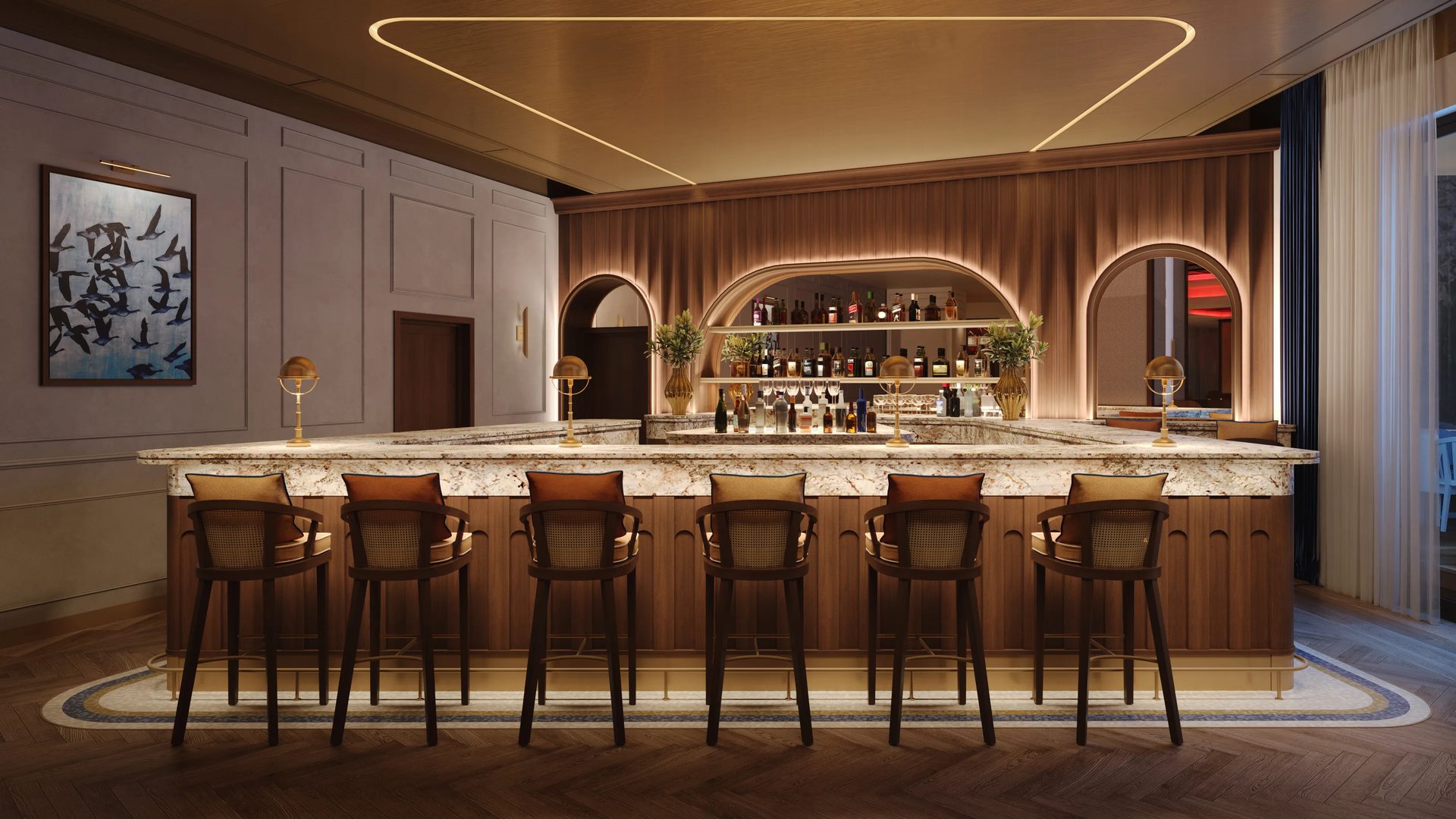 CGI of a luxury restaurant bar interior with a marble countertop, walnut paneling, arched shelving, and cane-back bar stools in Malta