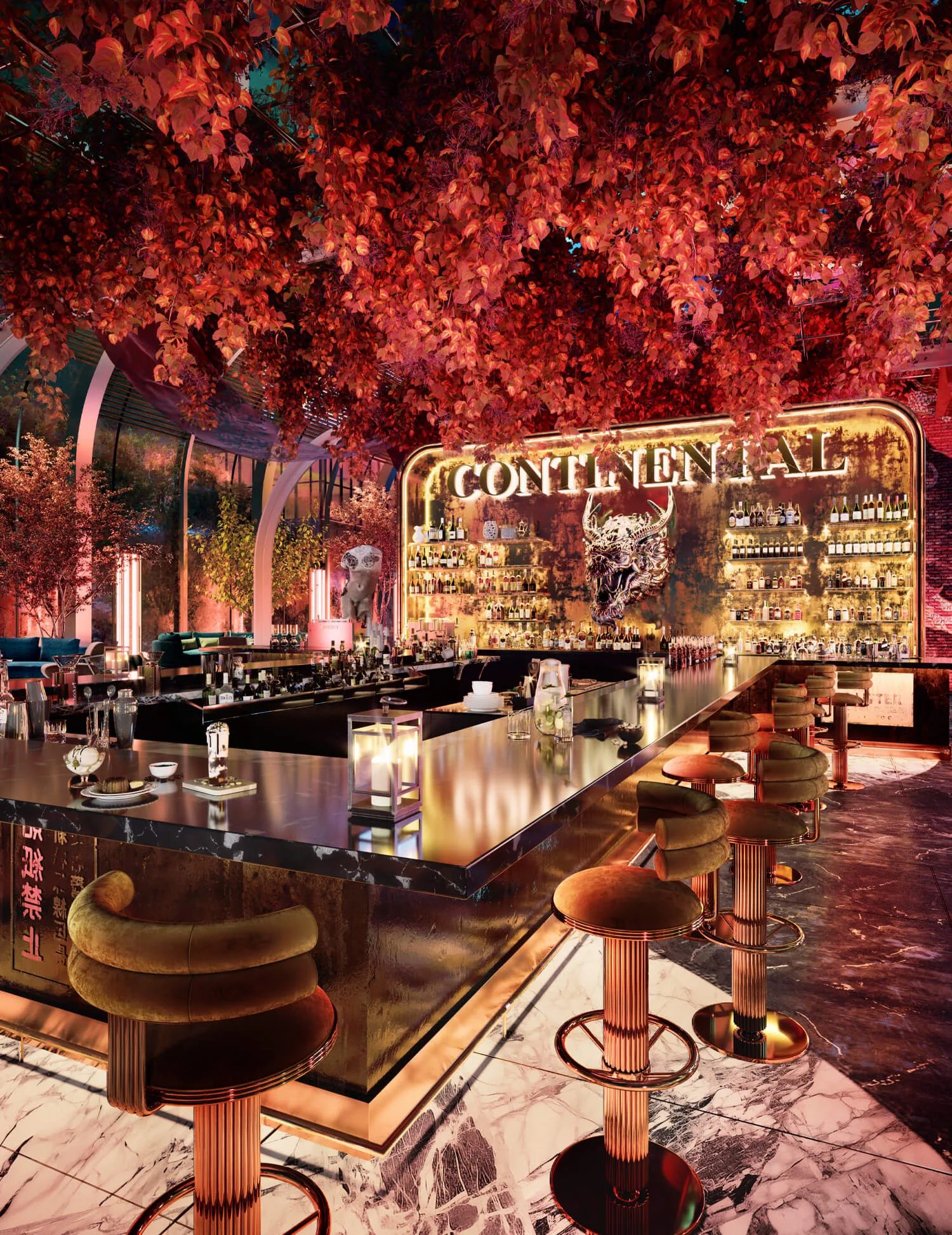 Luxury restaurant bar design in 3D: neon-lit counter under a red foliage ceiling
