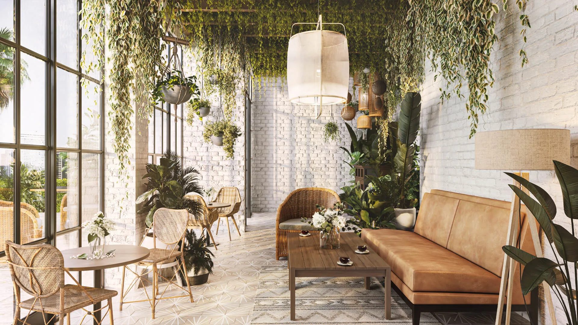 Photoreal restaurant interior rendering of a plant-filled cafe corner with rattan chairs