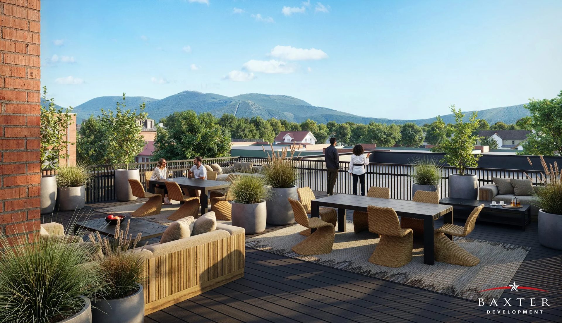 3D rendering of a rooftop terrace amenity, the shared outdoor space Boston residential buildings market on