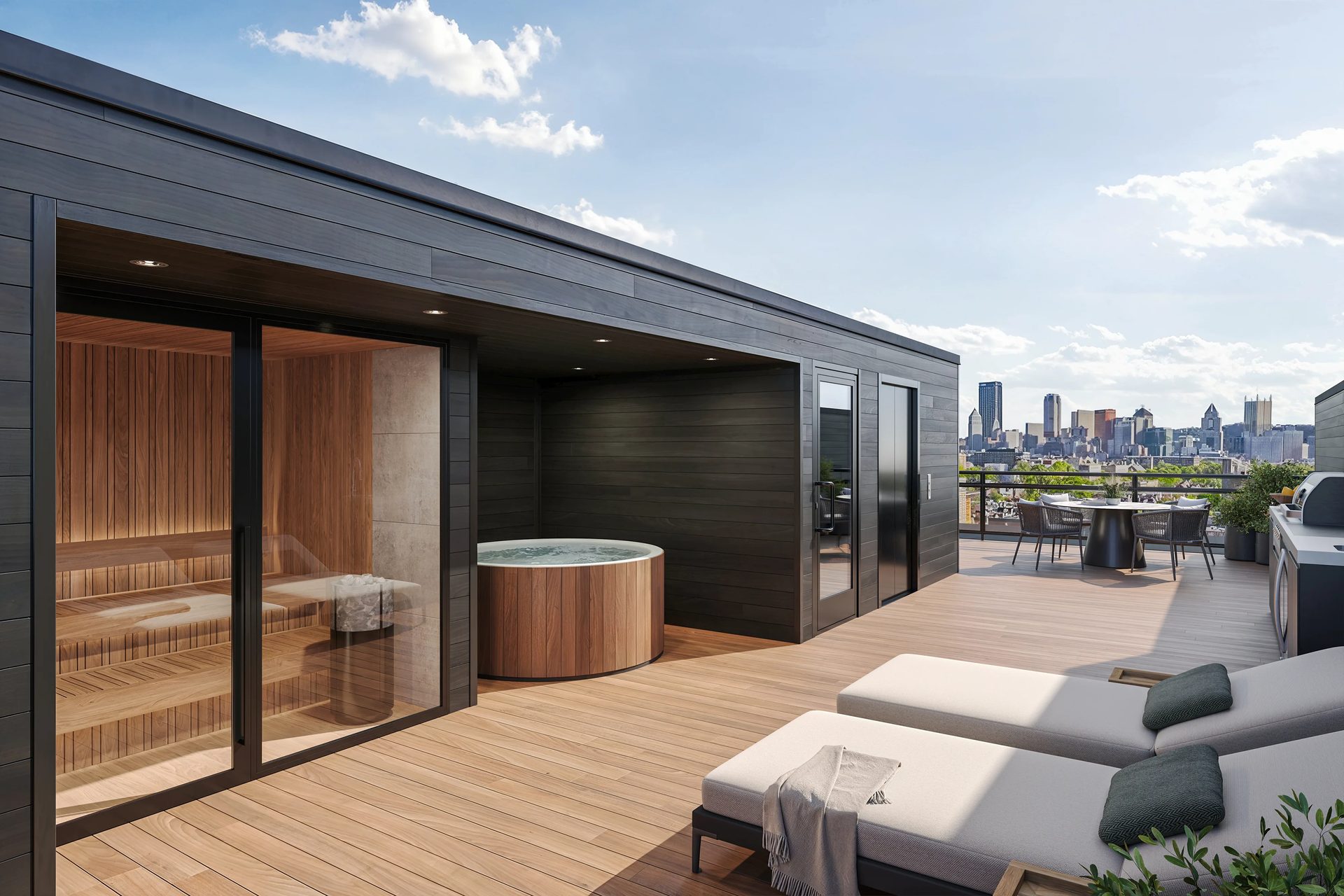 Architectural visualization of a rooftop terrace with a sauna, hot tub, sun loungers, and Pittsburgh skyline views