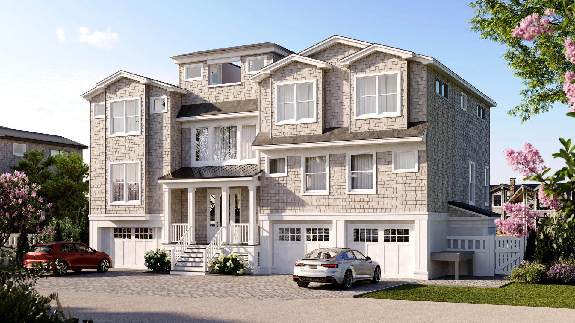 3D rendering of a three-story shingle-clad house with dormers, covered porch, and three-car garage in New Jersey