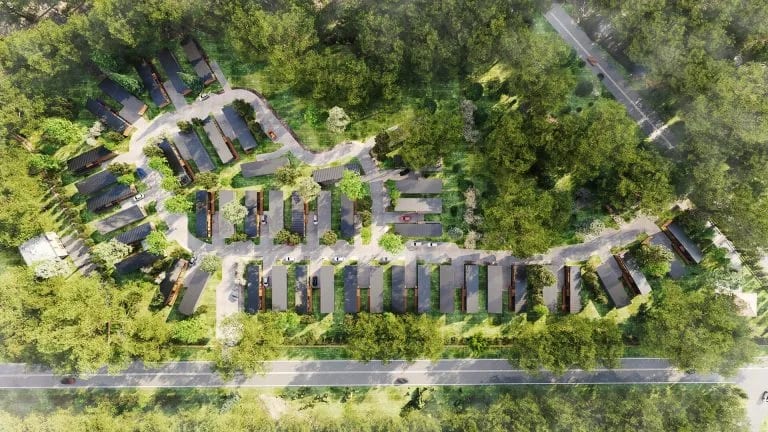 Site plan shown as an aerial 3D visualisation of a housing estate among mature trees, the format Melbourne developers submit with an application