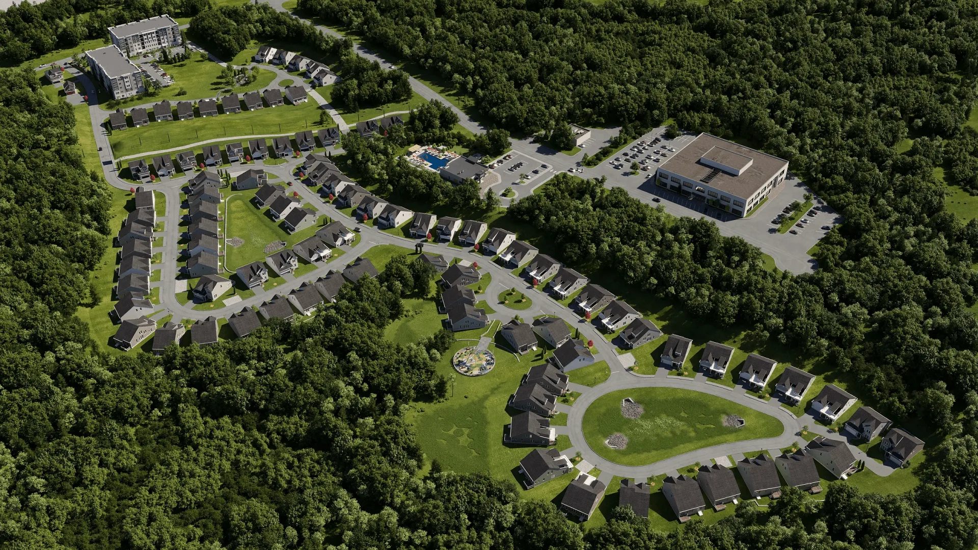 Site plan 3D rendering of a subdivision laid out along curved roads in dense conifer forest, the British Columbia setting