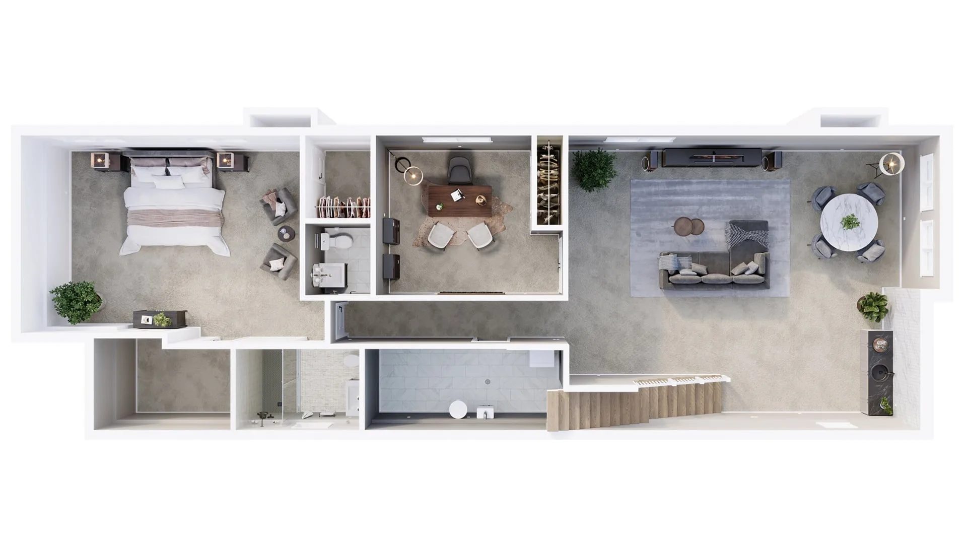 Stacked townhouse floor plan rendered in 3D