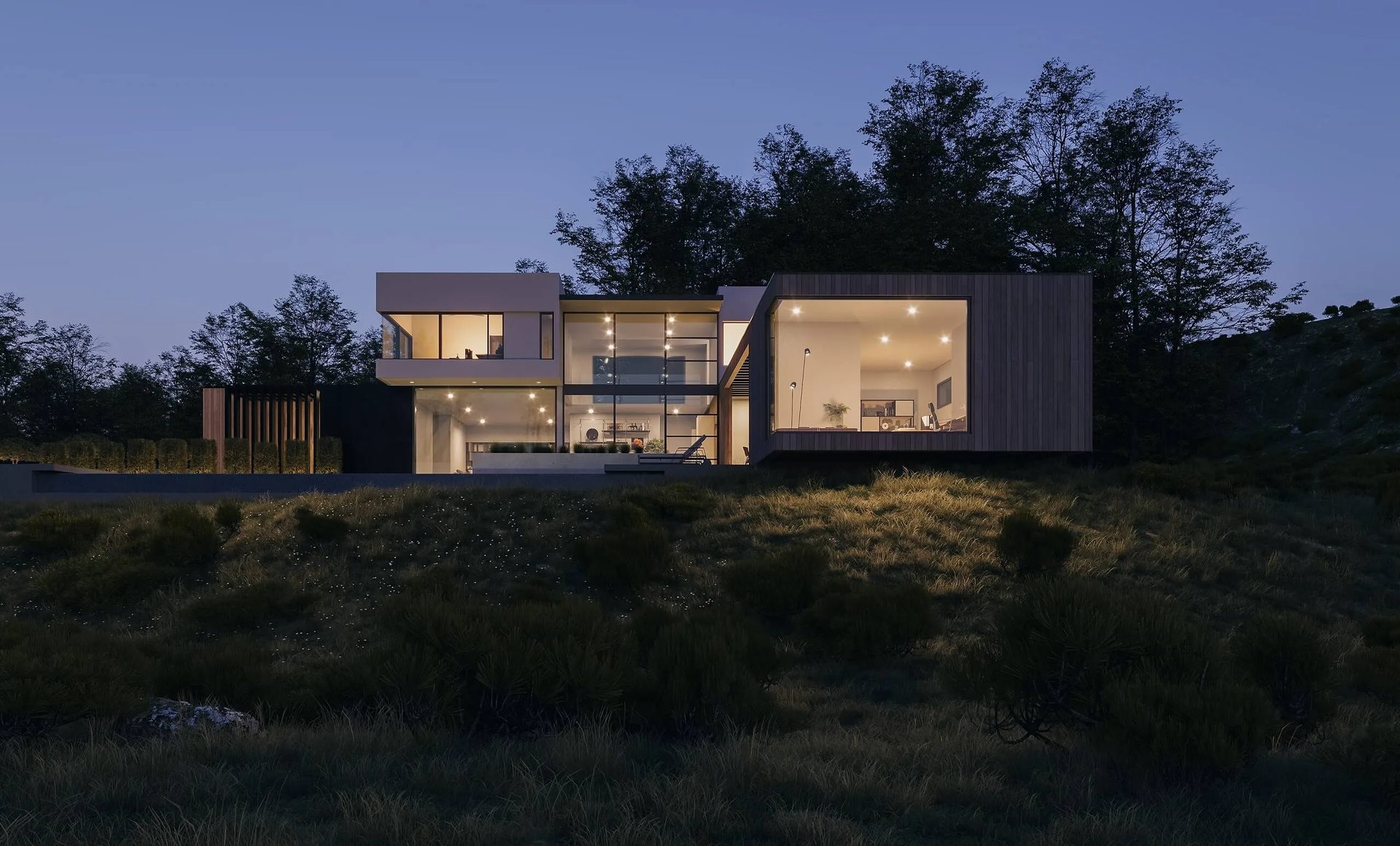 Contemporary house at dusk on a wooded rise, the Oakville and GTA suburban language served from Toronto