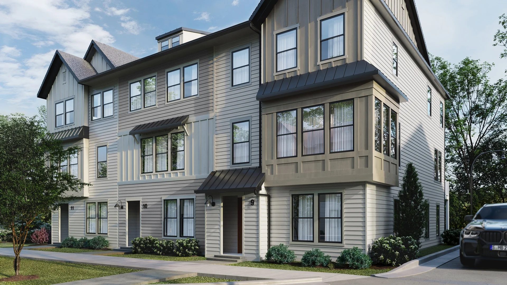 Close up 3D rendering of townhome facades in North Carolina with brick detailing and porch entries