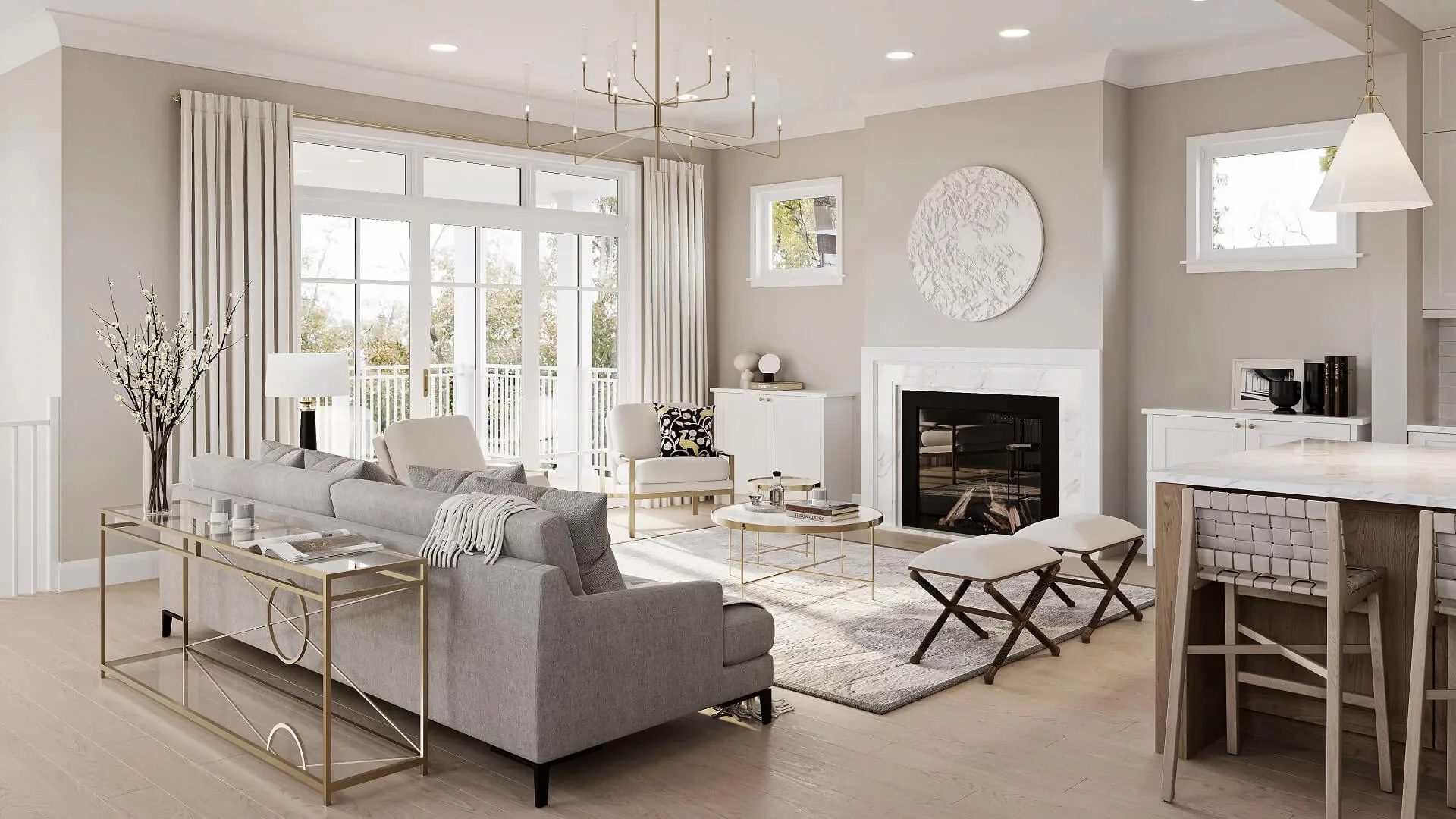 Townhouse living room interior rendered in 3D
