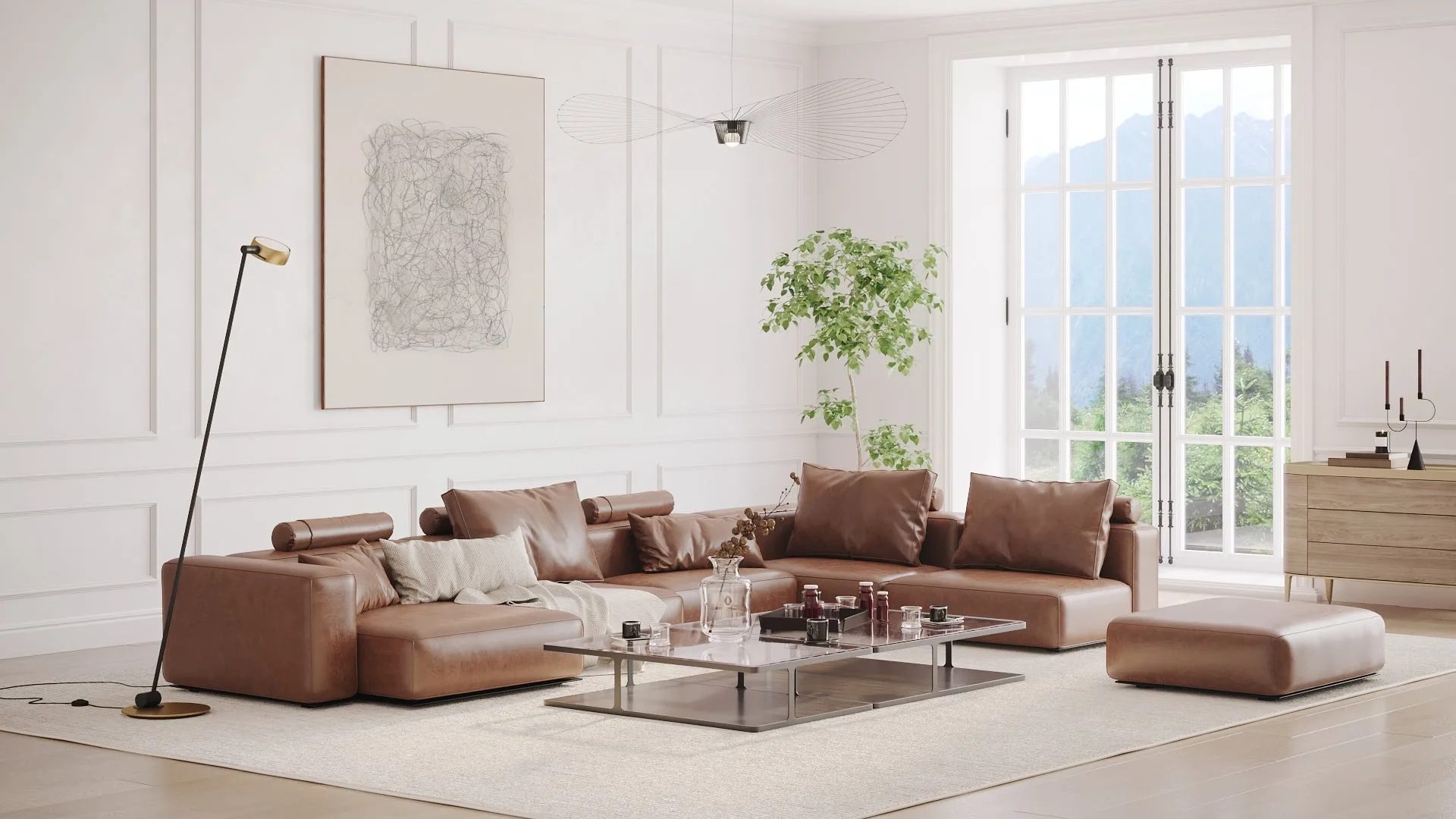 After-Townhouse living room 3D render, sofa upholstery options in grey fabric and brown leather