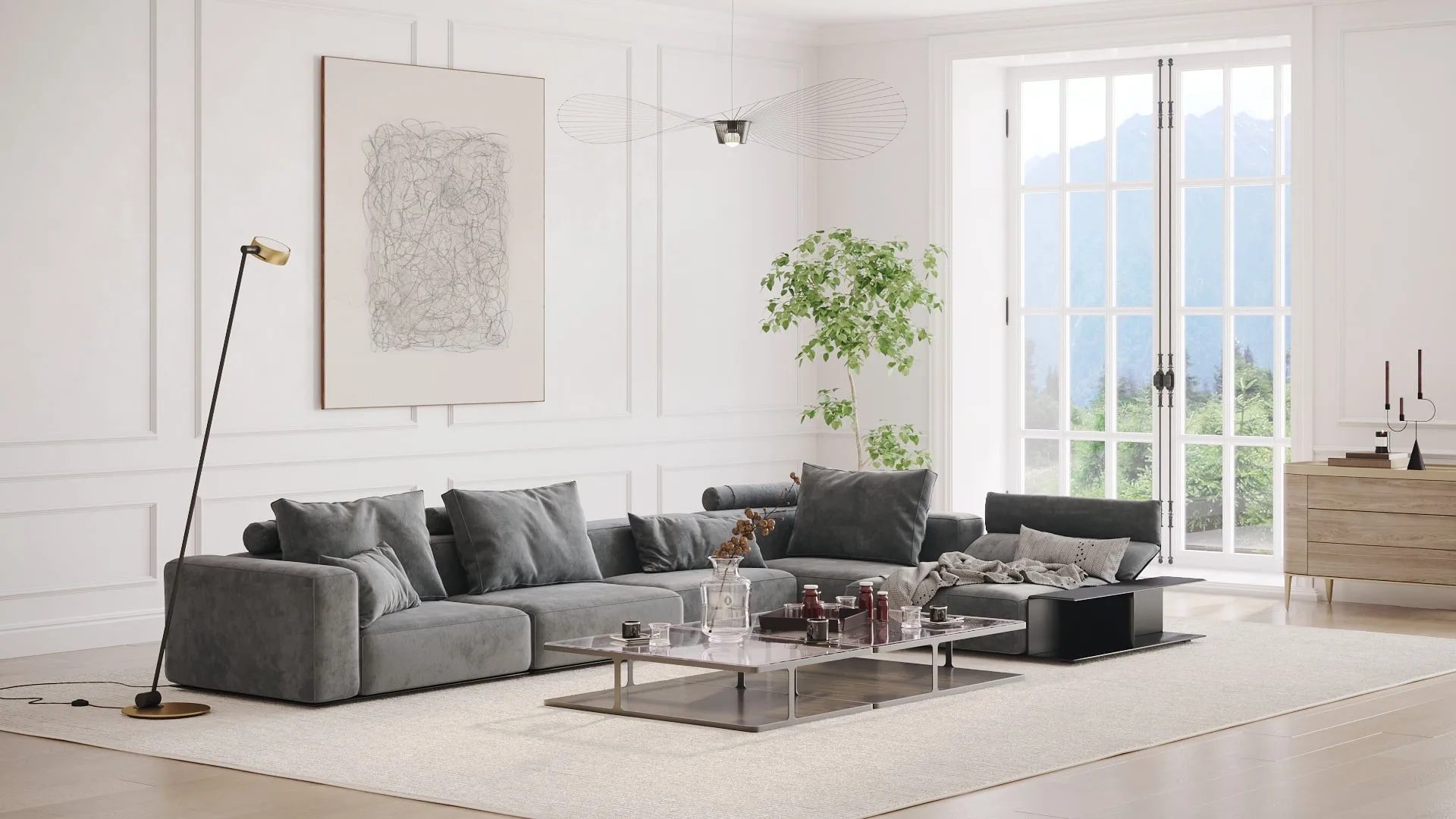 Before-Townhouse living room 3D render, sofa upholstery options in grey fabric and brown leather