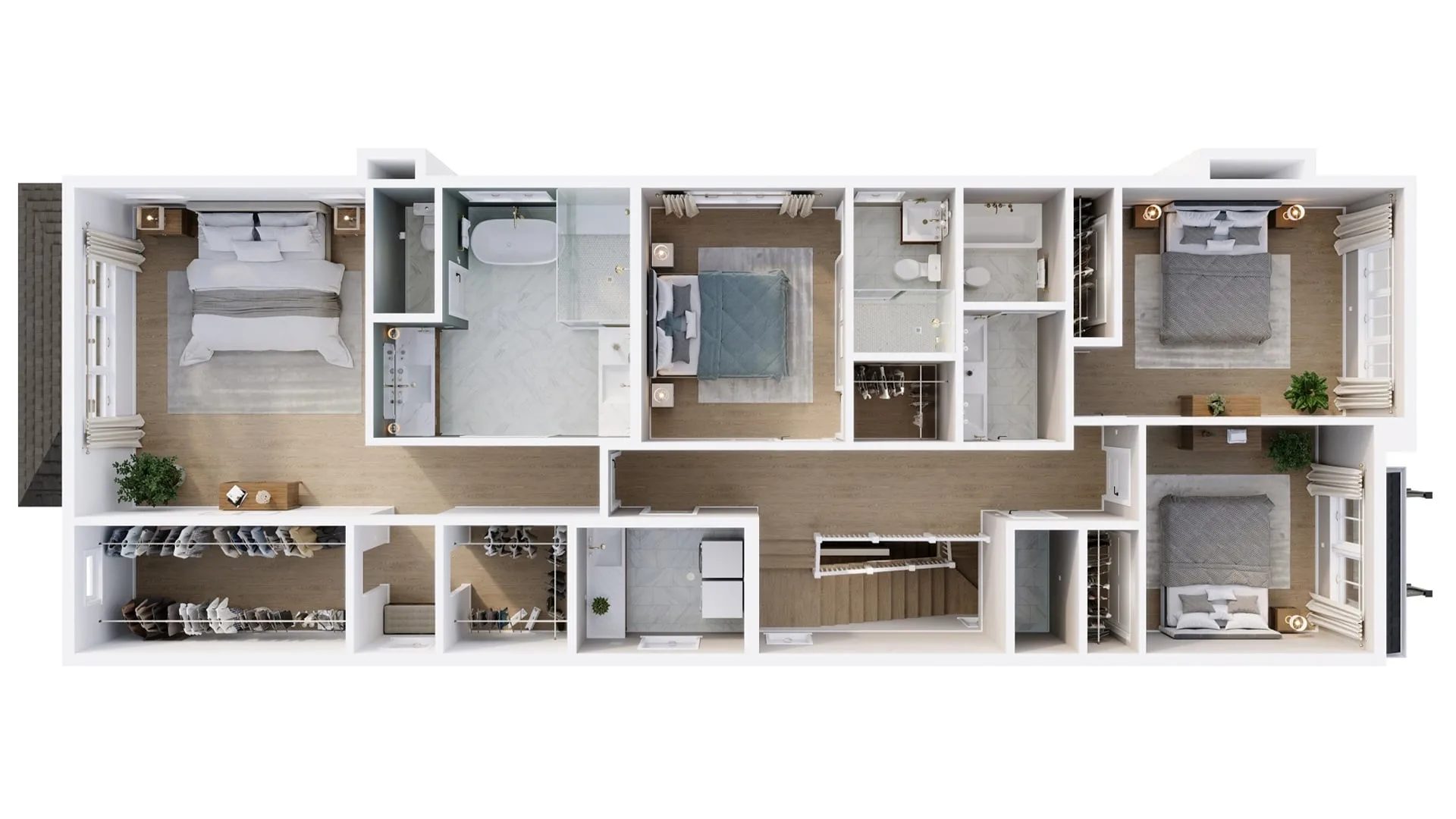 Townhouse plans in 3D: layout of a town home with furniture