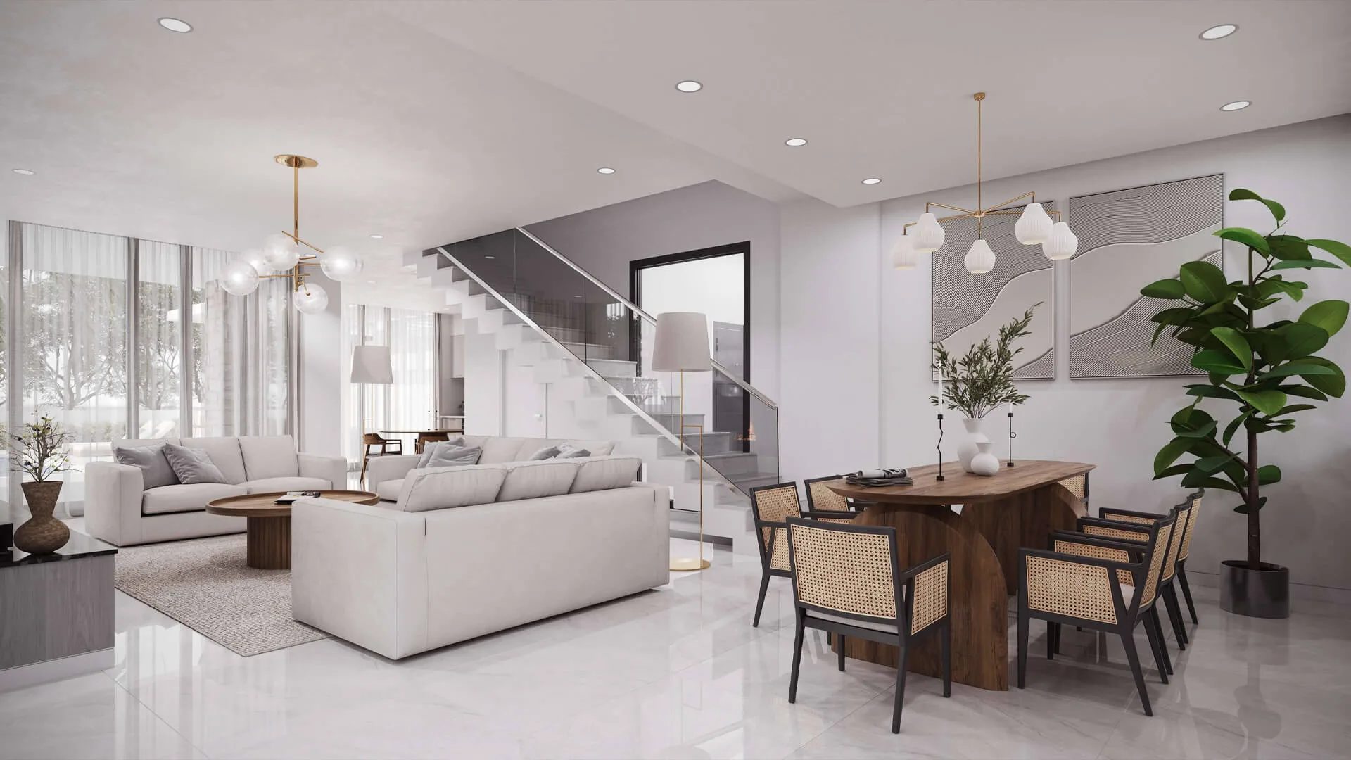 Townhouse render of a living room with seating and daylight