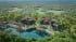 3D visualization of a luxury tropical villa estate with pavilion roofs, lagoon pools, and palm tree canopy seen from above