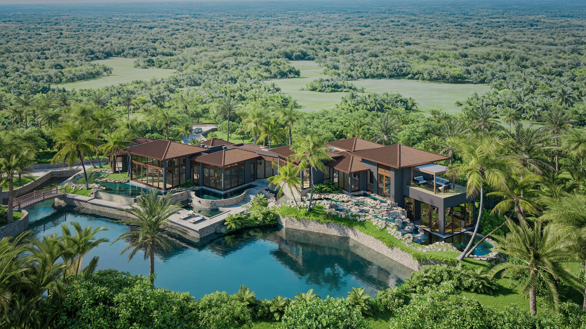 3D visualization of a luxury tropical villa estate with pavilion roofs, lagoon pools, and palm tree canopy seen from above