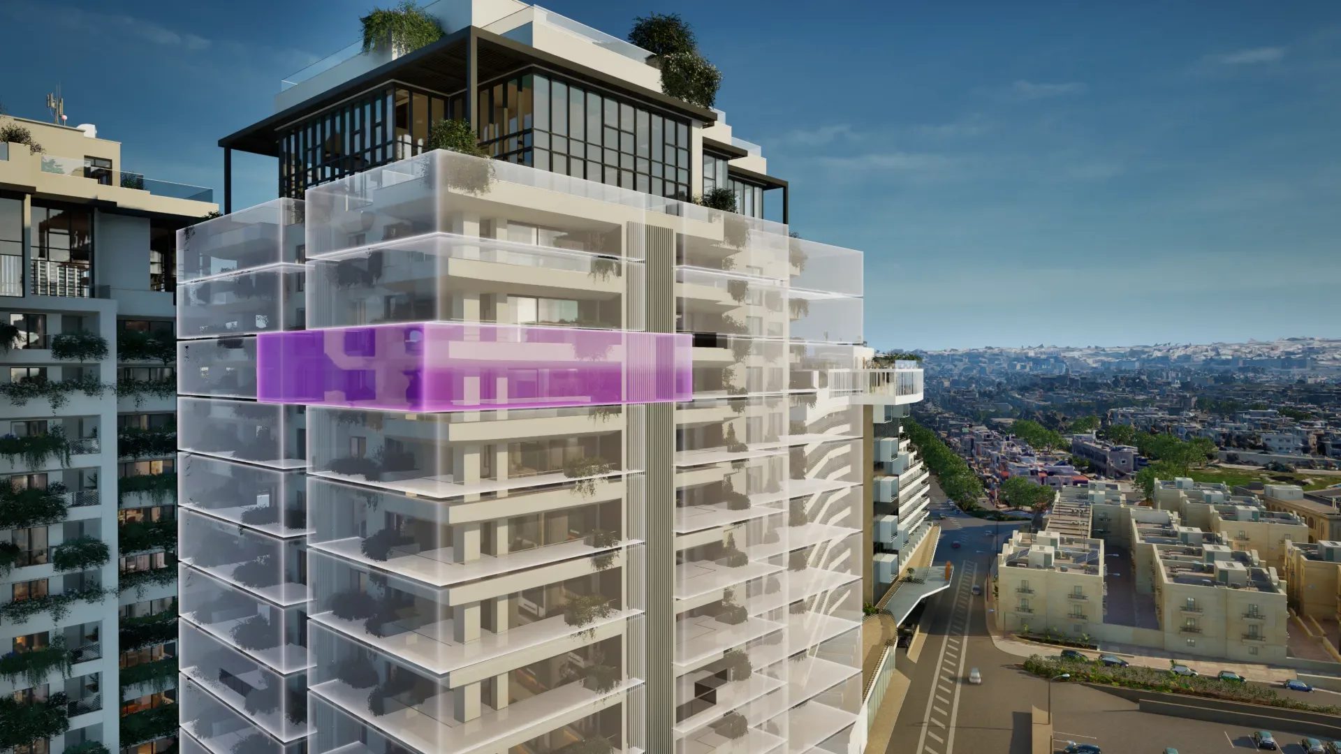Unreal Engine real estate visualization: exterior of a residential building above the river