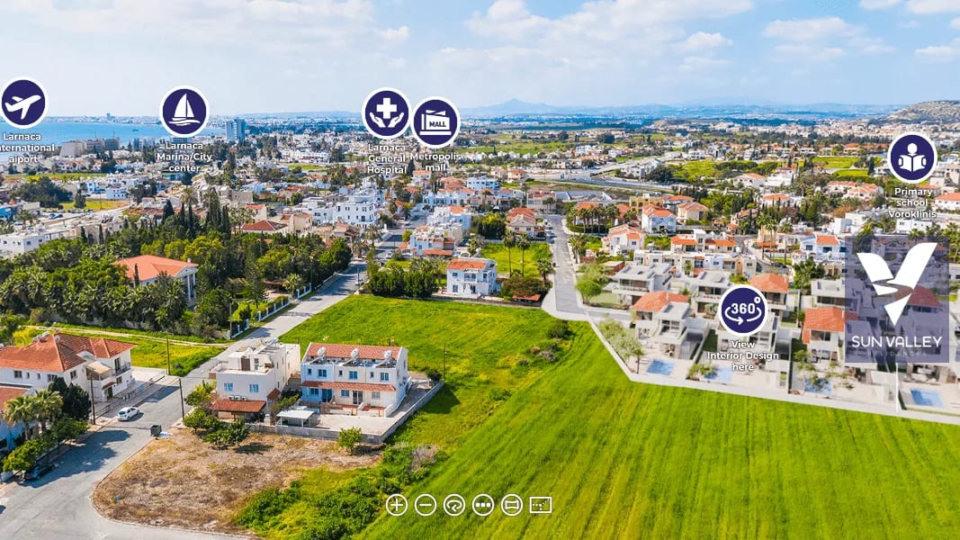 Virtual property tour in 3D: aerial view of a Cyprus hillside real estate development