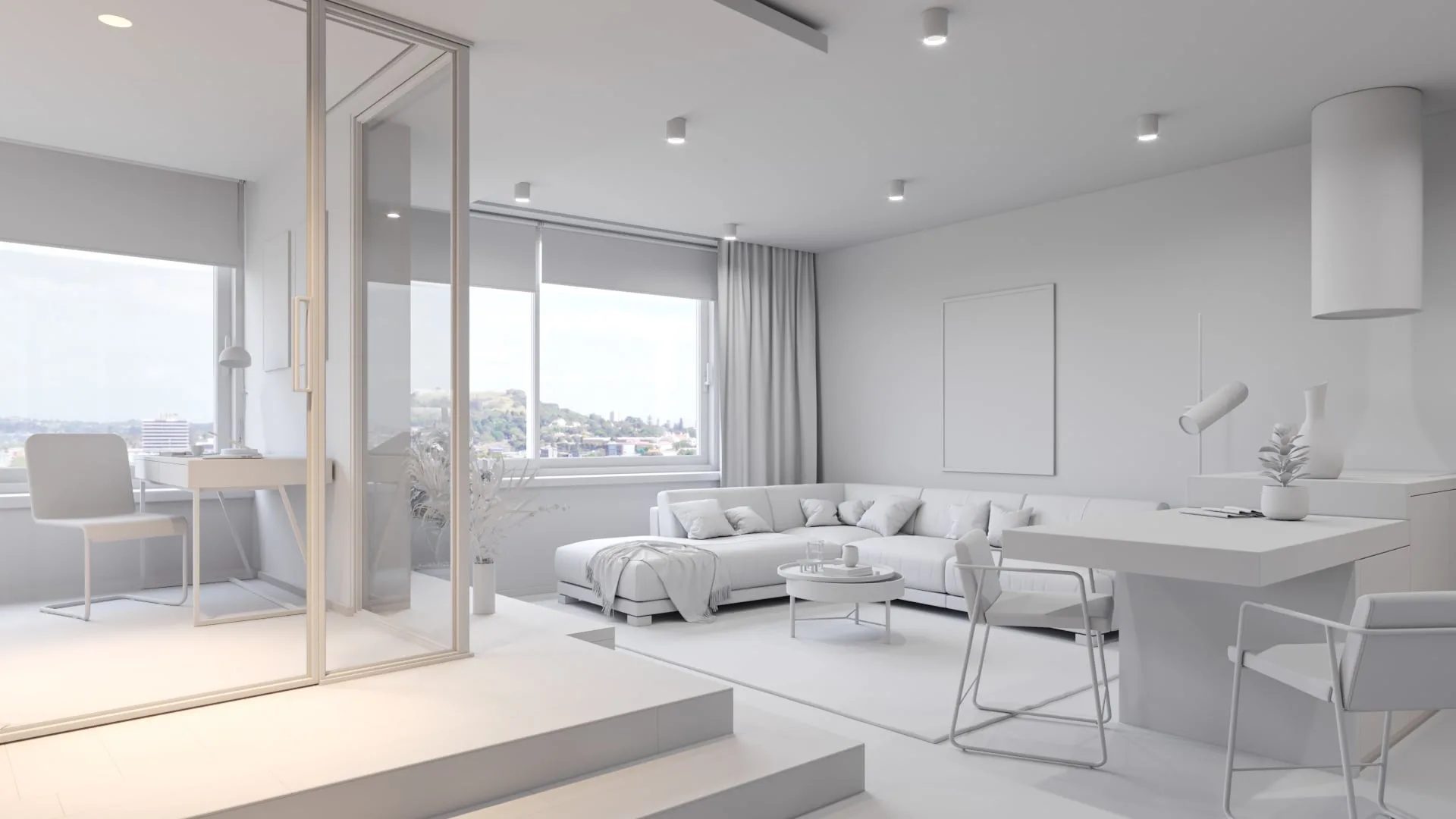 Virtual rendering in progress: greyscale draft of an apartment interior before materials are applied