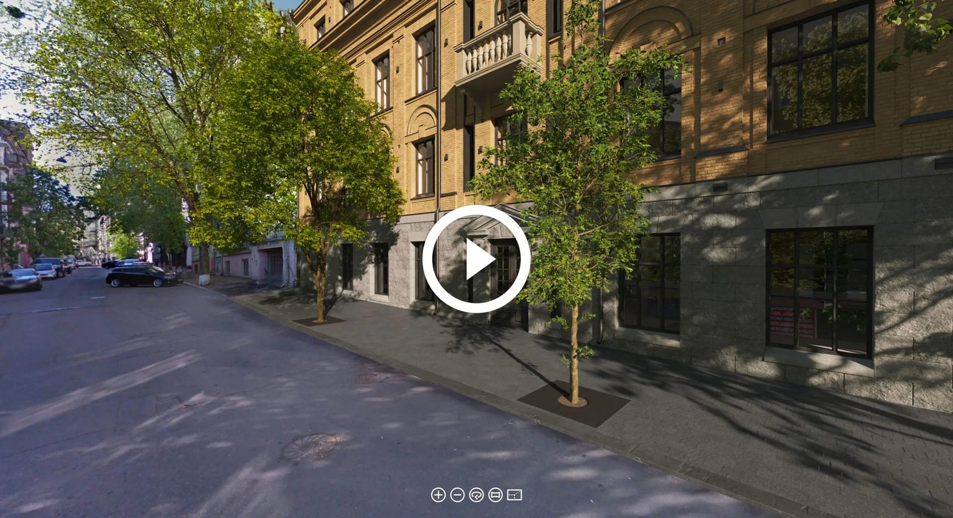 3D virtual tour of a neighbourhood: 360 map view with navigation pins over the houses