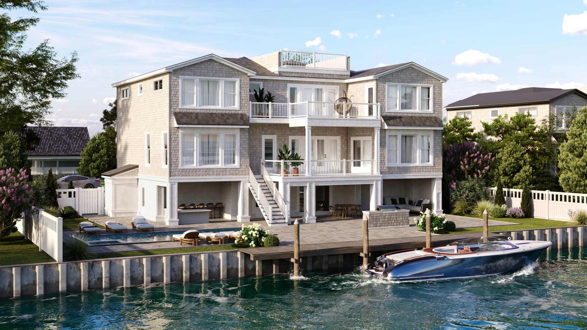 CGI of a three-story shingle-clad waterfront house with a pool, private dock, and speedboat in New Jersey