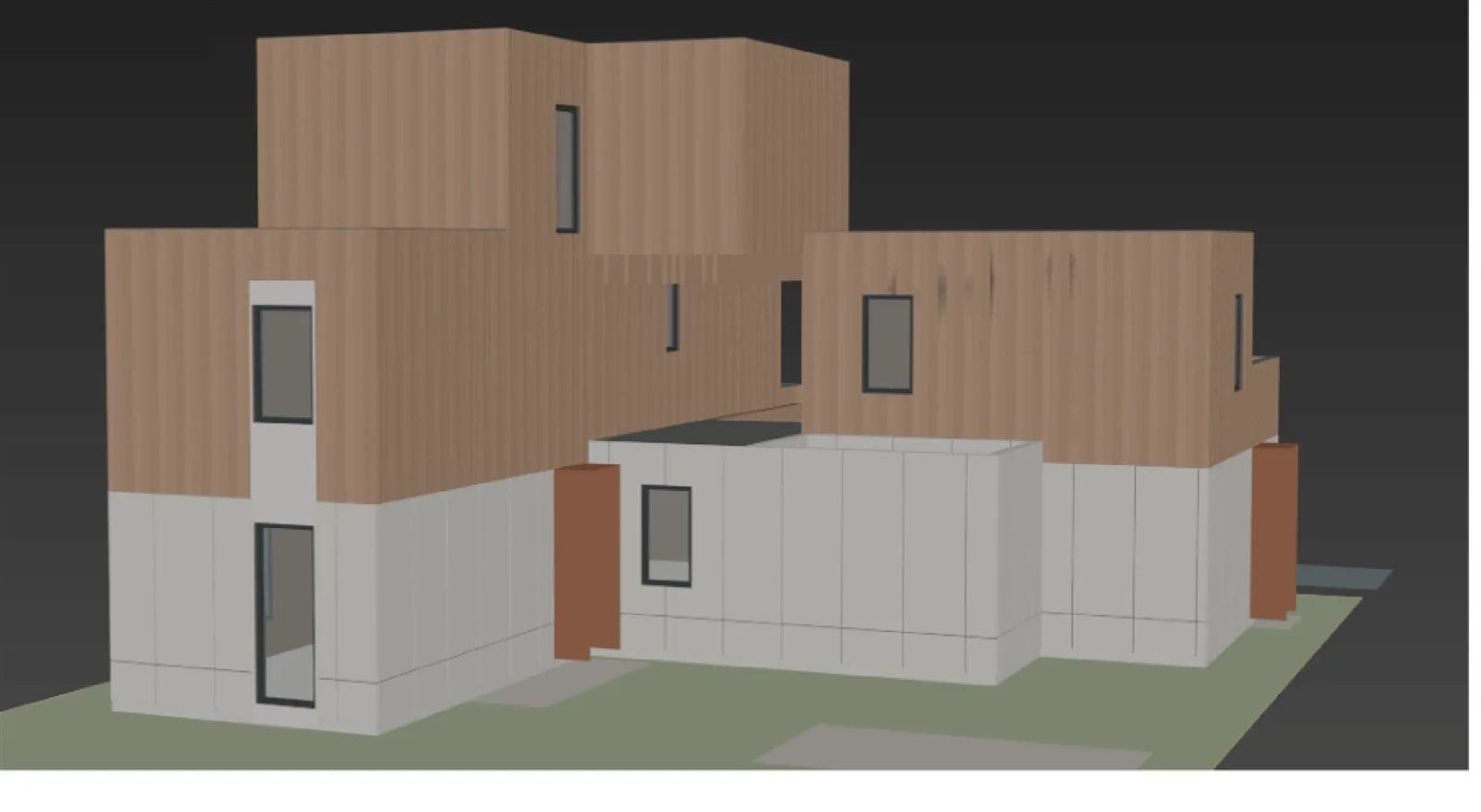 AI-generated townhouse model with stacked wooden volumes over a white ground floor, viewed from the street side