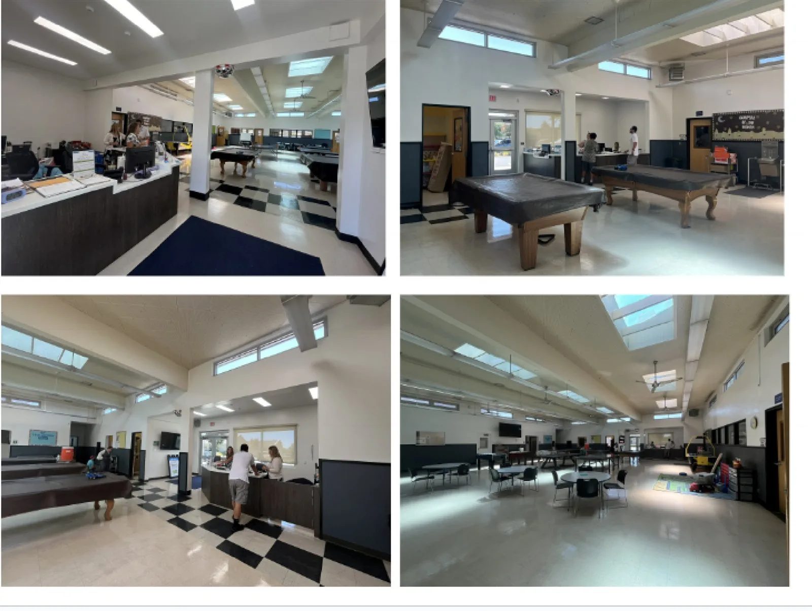 Four phone photos of a community hall interior with a reception counter, pool tables and clerestory windows