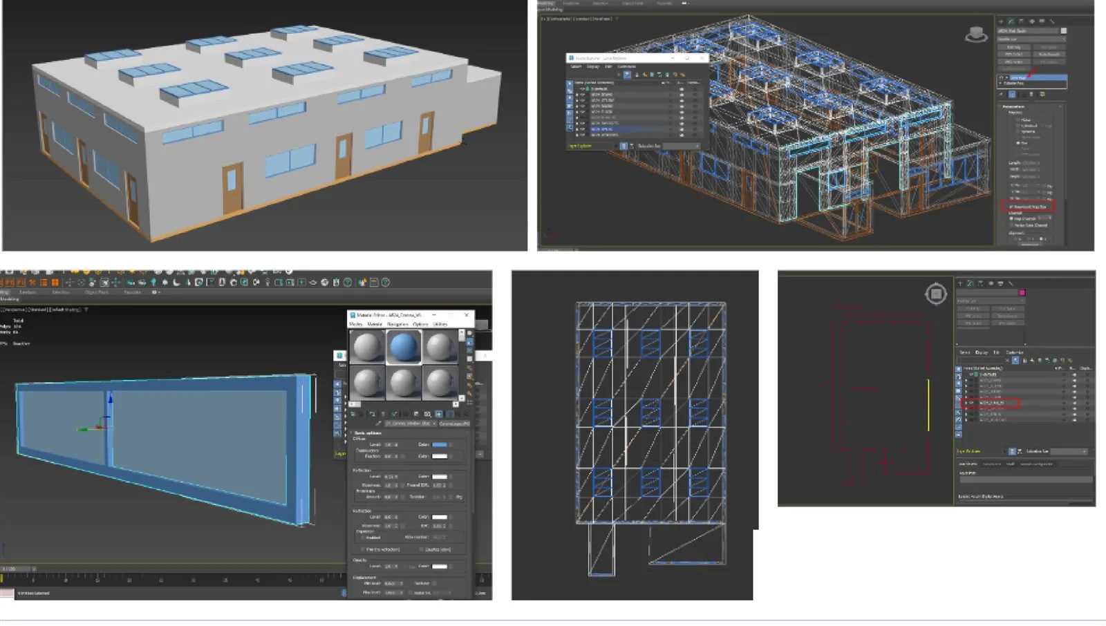 AI-generated shell of the hall, a white box with roof windows, with wireframe and window-pattern views